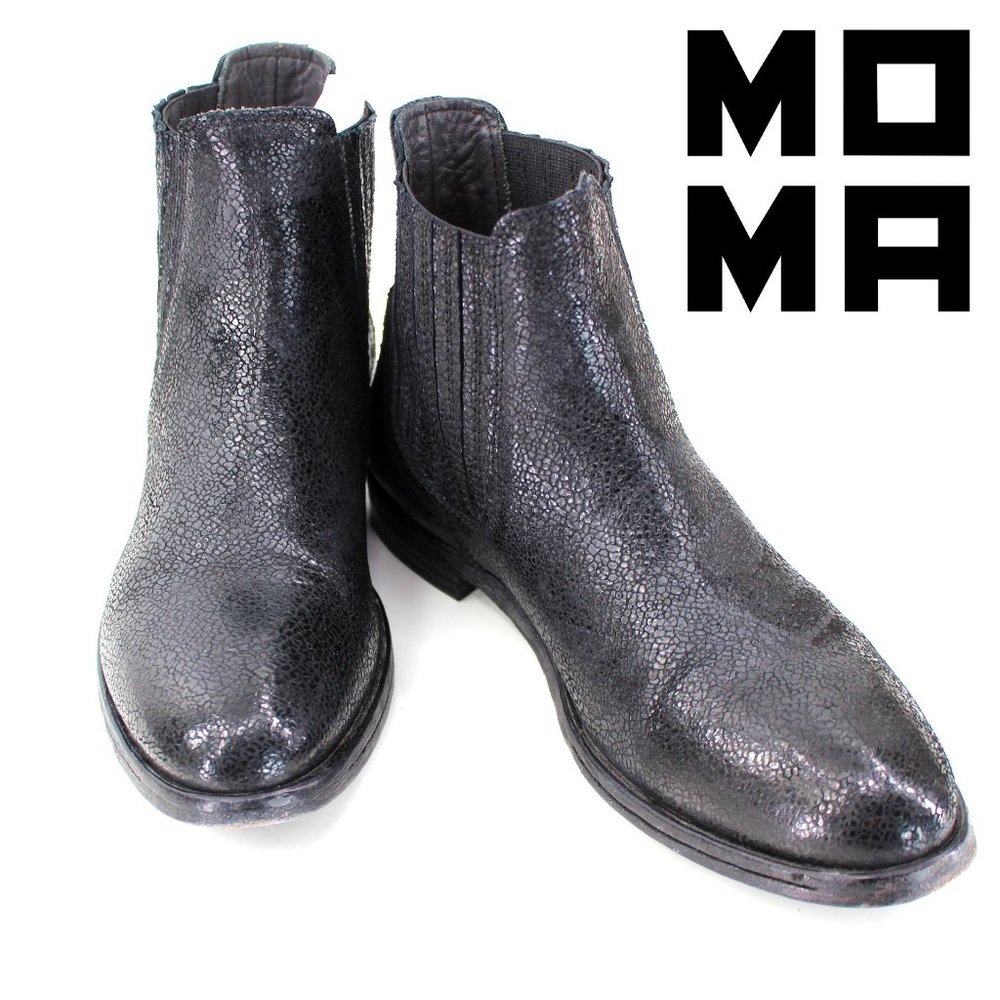 MOMA Black Crackled Leather Chelsea Boots Round Toe Goodyear Welt Italy 38
